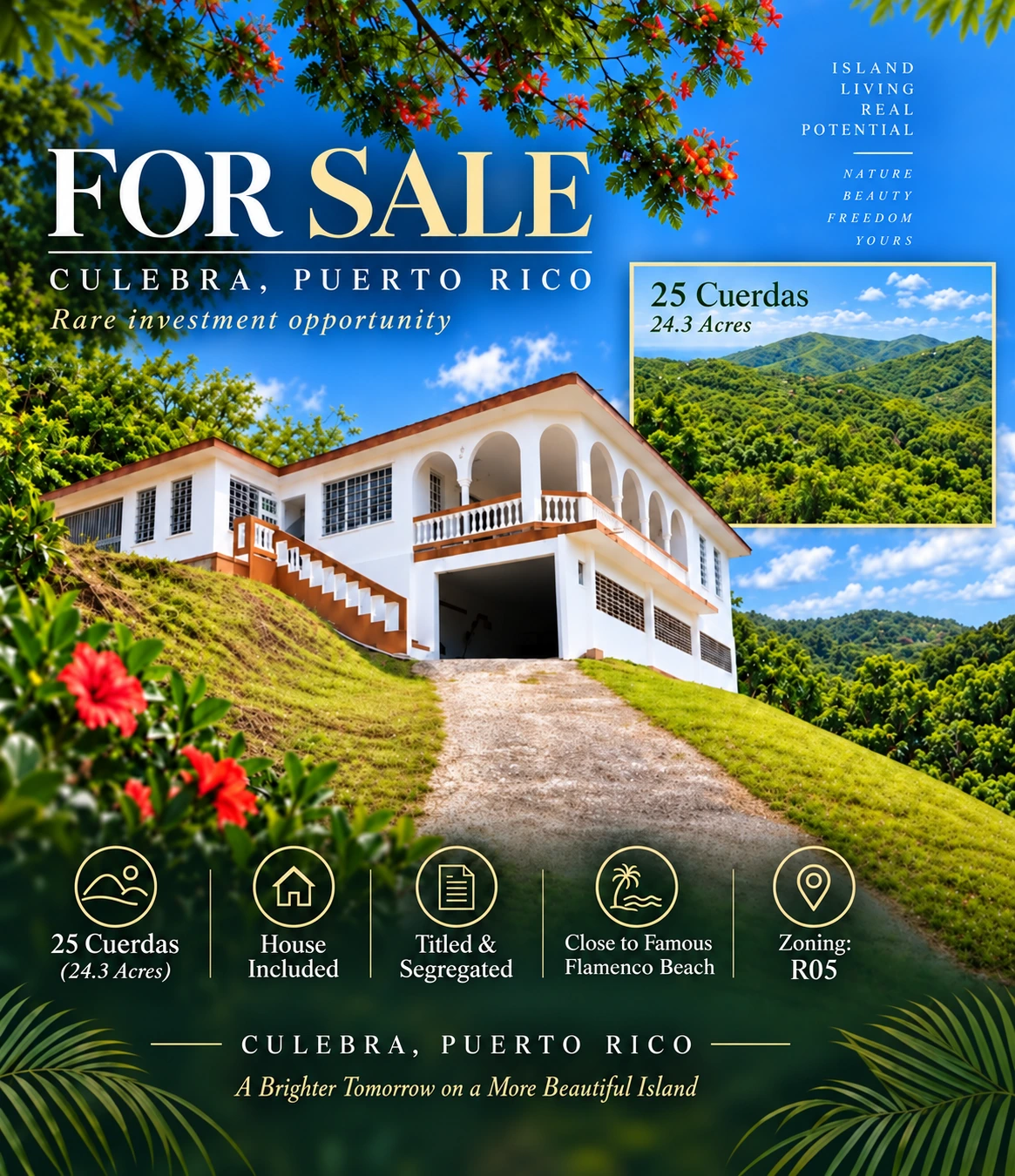 Cartel promocional en inglés de 25 cuerdas con casa en Culebra, con imagen de la casa, terreno y texto del anuncio.