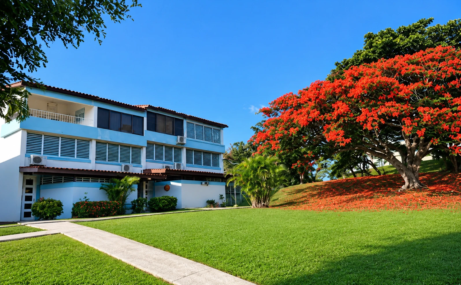 Exterior de Villa Marina Village con árbol de flores rojas